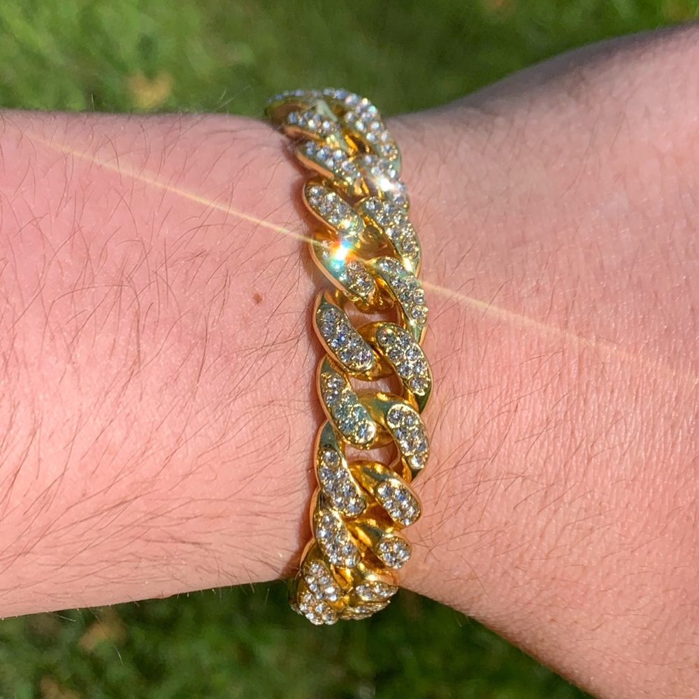 13mm Gold Cuban Link Bracelet Iced